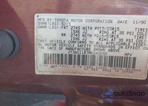 1991 Toyota Previa Dlx from USA, damaged, VIN JT3AC11R7M0045655